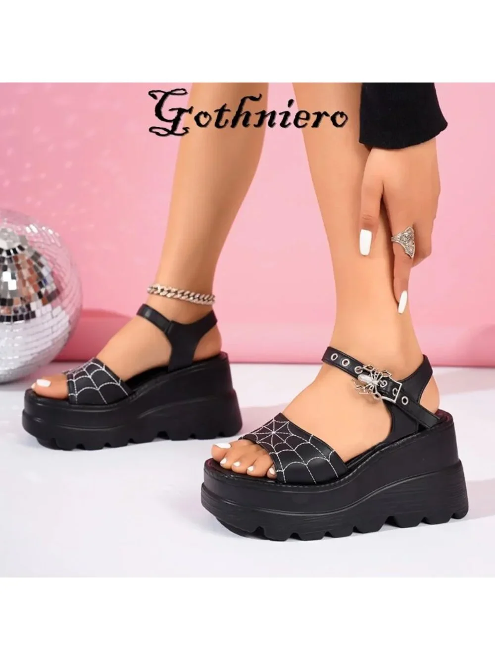 Gothic Chunky Black Platform Sandals with Metallic Spider Buckles, Sizes 5.5-11
